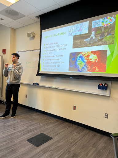 A presenter stands by a screen showing colorful slides during a presentation.